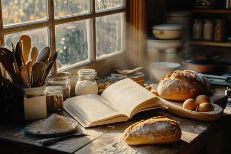 A sunlit kitchen countertop displays an open recipe book, fresh bread loaves, eggs, and jars of ingredients, with wooden utensils nearby.