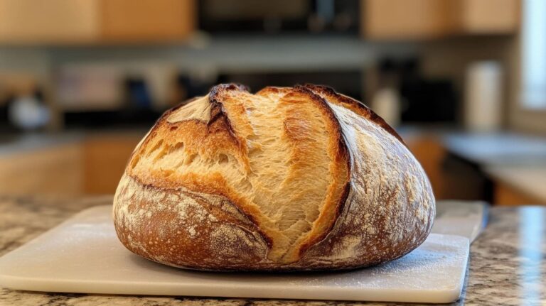A freshly baked loaf of bread resting on a kitchen counter, surrounded by a warm and inviting atmosphere.