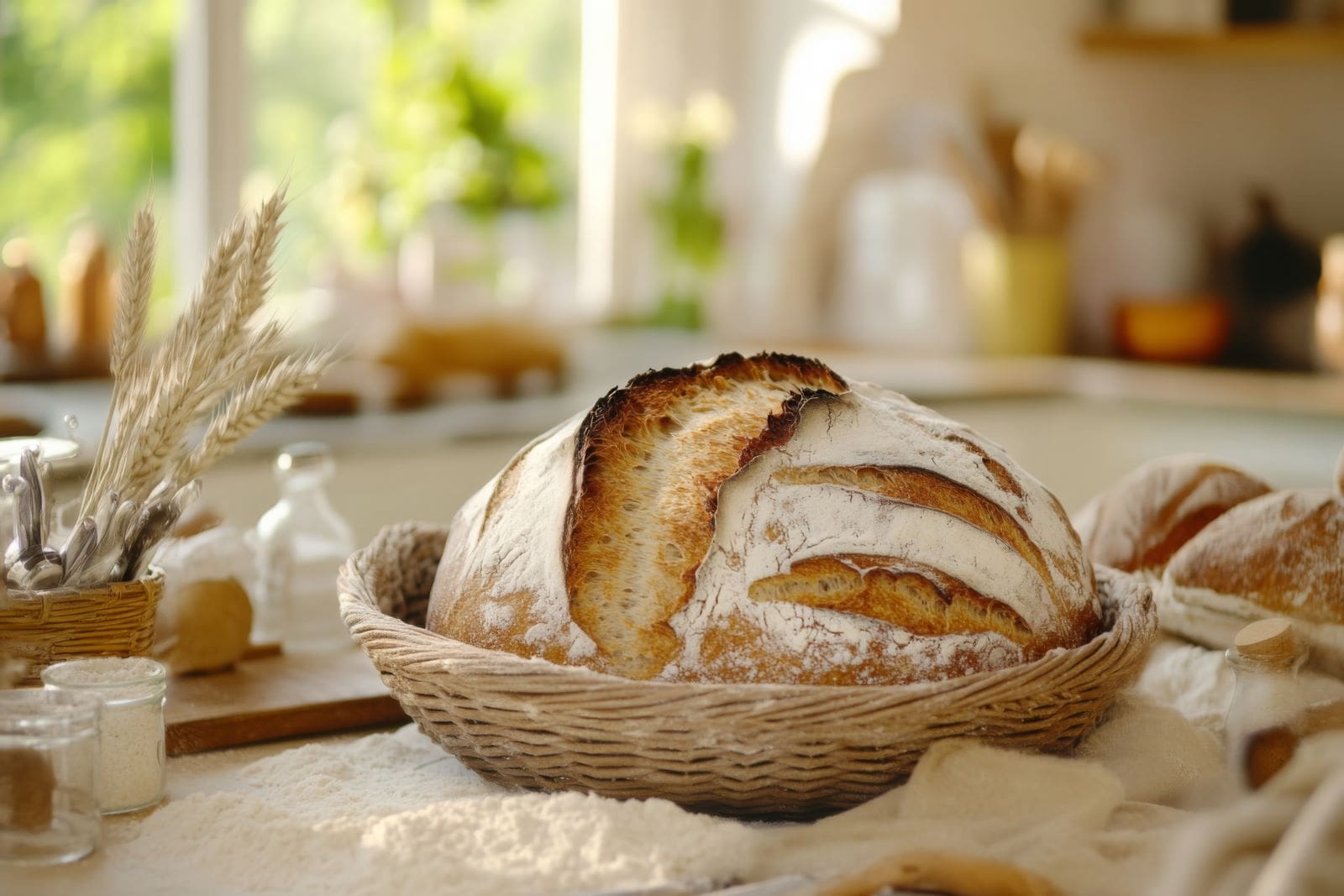 A basket filled with freshly baked bread placed elegantly on a wooden table.