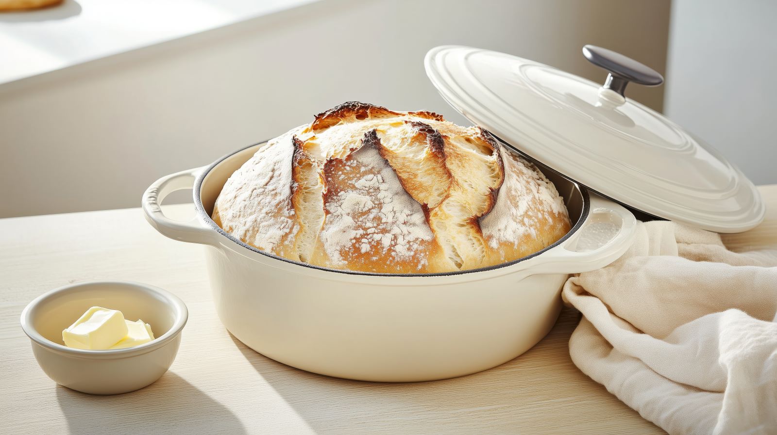 A freshly baked loaf of bread resting in a cast iron Dutch oven, showcasing its golden crust and inviting texture.