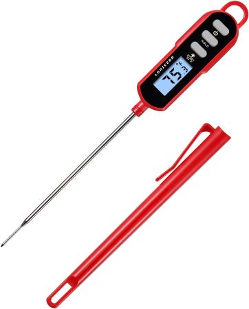 A digital thermometer featuring a red plastic handle, designed for accurate temperature readings in various settings.