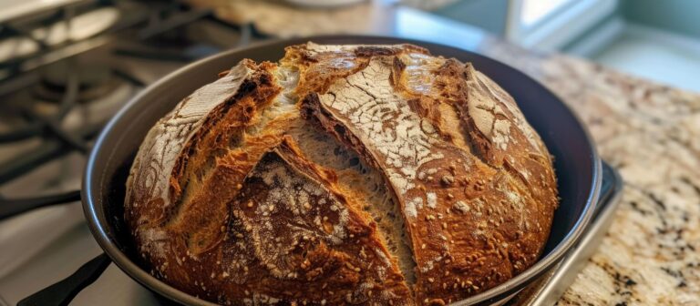 A freshly baked loaf of bread resting in a pan on a stove top, showcasing its golden crust and inviting aroma.