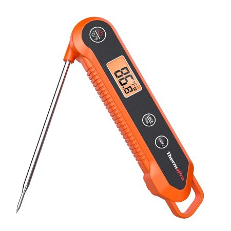 An orange digital thermometer featuring a black handle, designed for accurate temperature readings.