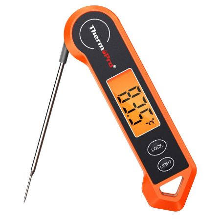 An orange digital thermometer featuring a black handle, designed for accurate temperature readings.