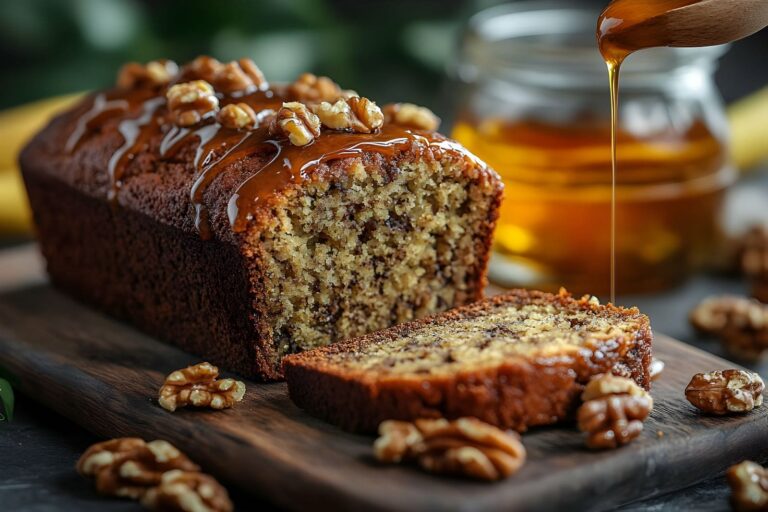 A slice of banana bread topped with honey and walnuts, showcasing a delicious homemade recipe.