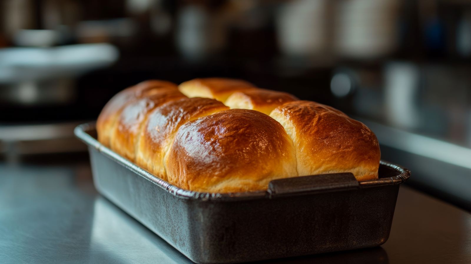 A freshly baked loaf of bread resting in a metal pan on a wooden table, showcasing its golden crust and inviting texture.