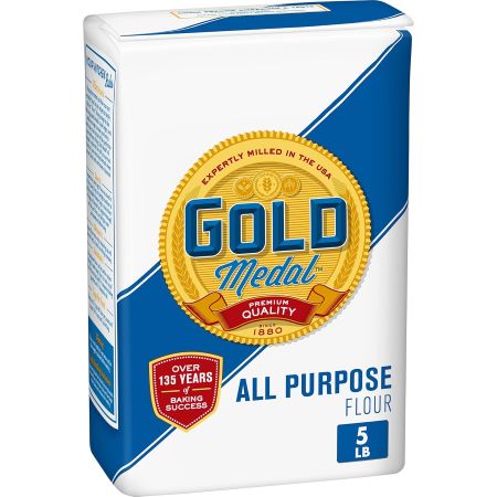 A 5 lb bag of Gold Medal all-purpose flour, ideal for baking bread and other delicious recipes