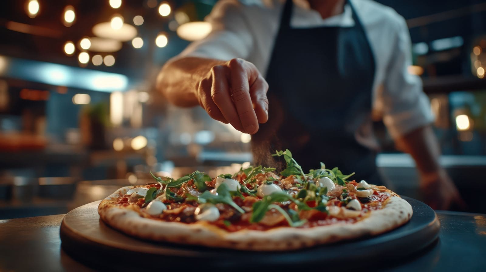 A person skillfully places a freshly made pizza onto a table, showcasing the art of pizza preparation.